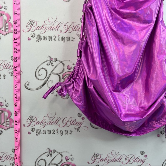 No vacancy dress, shiny metallic Shimmery Fuchsia Halter Ruched Mini lace up - Picture 3 of 13